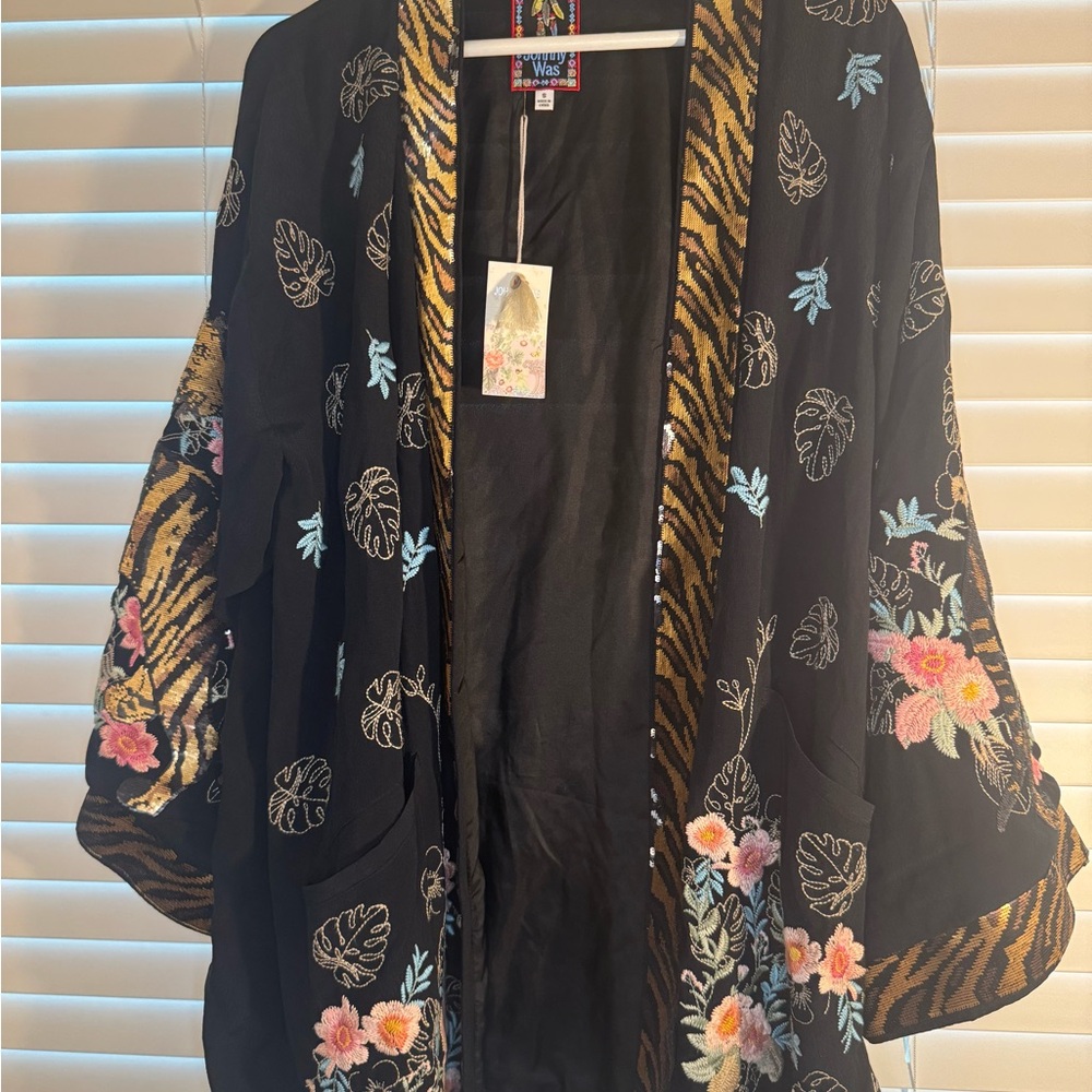 Johnny Was Black Kimono with Floral Embroidery
